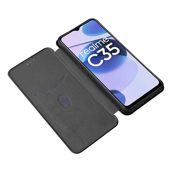 För Realme C35 Kolfibertextur PU Läder Ställ Fodral Magnetiskt Självabsorberande Flip Telefonskal
