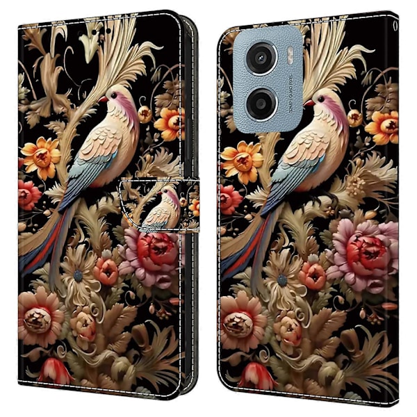 Til Motorola Moto E15 4G Etui PU Læder Wallet Telefon Cover med Støttefod Multicolor Vintage Flower and Bird