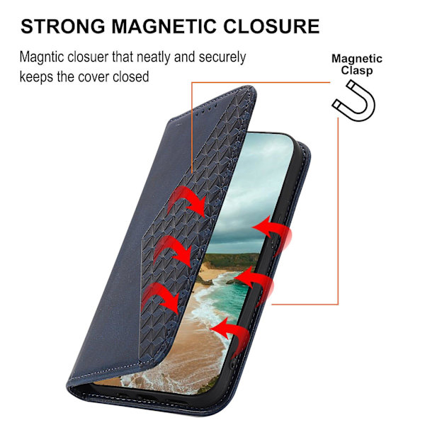 För Iphone 14 anti-scratch Kalv Texture Magnetisk Plånbok Pu Case Imprinted Rhombus Mönster Stand Cover med rem Blue