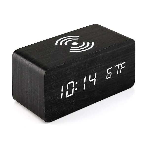 Monitoiminen LED digitaalinen elektroninen herätyskello pöytäkello langaton lataus digitaalinen puinen kello black wood