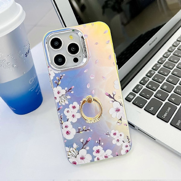 Blommig Lasertextur Skal för iPhone 15 Pro Max med Ringstativ Multicolor Style Q