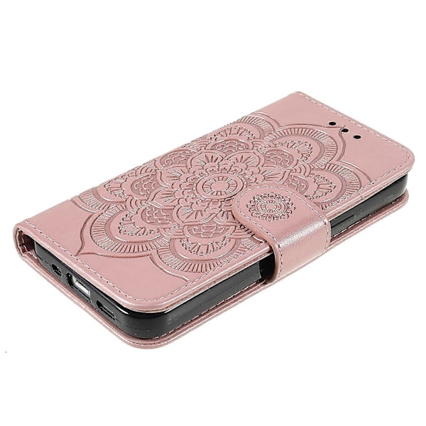 Präglad Mandala Blomma PU Läder Telefonställ Skydd Plånboksfodral med Rem för iPhone 13 6.1 tum Multicolor Style E