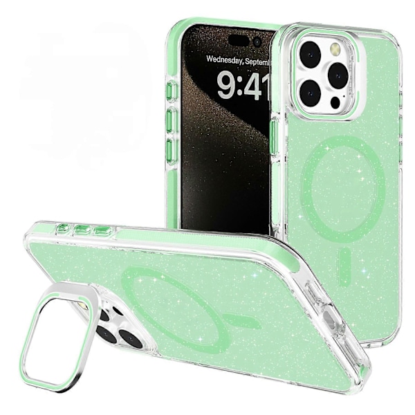 iPhone 16 Pro -kotelo, yhteensopiva MagSafe-linssin jalustan ja glitter PC -puhelinkuoren kanssa Multicolor Matcha Green