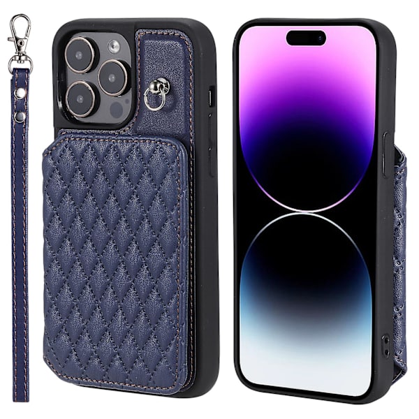 Phone case för Iphone 15 Pro Max Rfid Blocking Pu Läderbelagd TPU-skal med handledsrem Blue