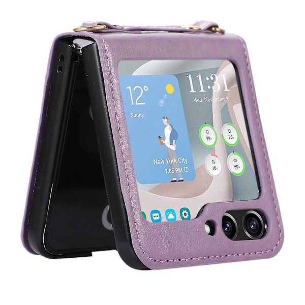 Til Samsung Galaxy Z Flip5 5G PU Læder PC Telefon Cover Beskyttelsesetui med Skulderrem Multicolor Style A