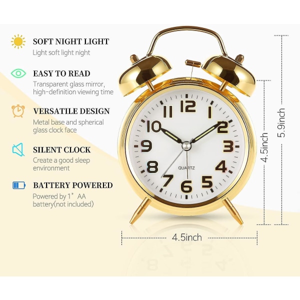 Analog hög väckarklocka med bakgrundsbelysning, batteridriven, tyst, icke tickande, för tunga sovplatser, sovrum, sängbord, 4 tum Twin Bell Extra Retro De Golden