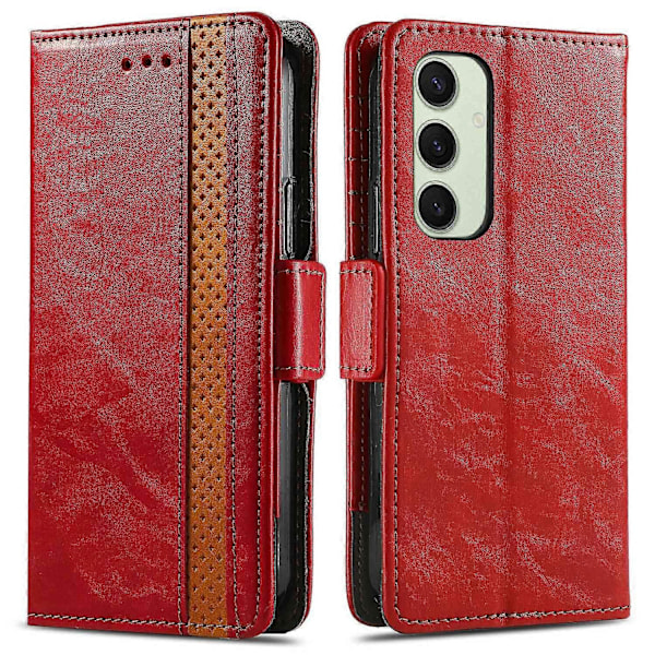 CASENEO 002 -sarja Samsung Galaxy S24 FE -kotelolle, jalustallinen lompakkokotelo, yhdistetty PU-nahkakansi - Tummanruskea Multicolor Red