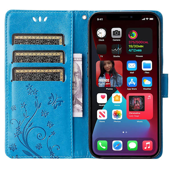 För Iphone 15 Imprinted Butterflies Mobiltelefon Stand Case Pu Läder Plånboksskal med rem Blue