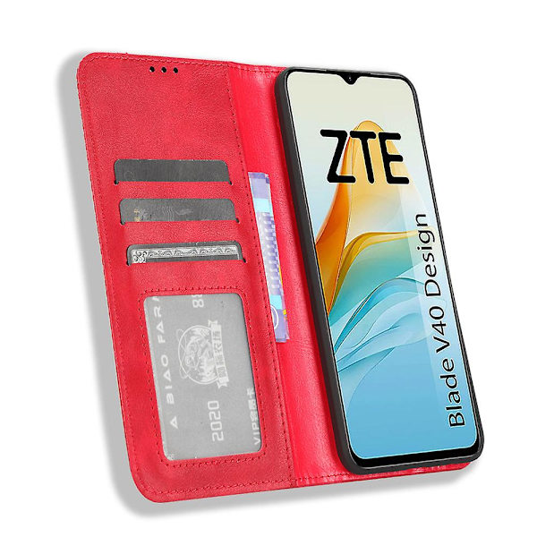 För Zte Blade V40 Design Pu Läderställ Phone Case Retro Cover Red