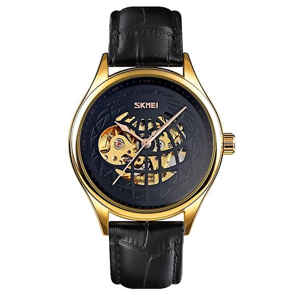 Skmei 9209 Men Business Automatisk Mekanisk Watch Rund Hollow Dial Läder Watchband Watch Gold Black