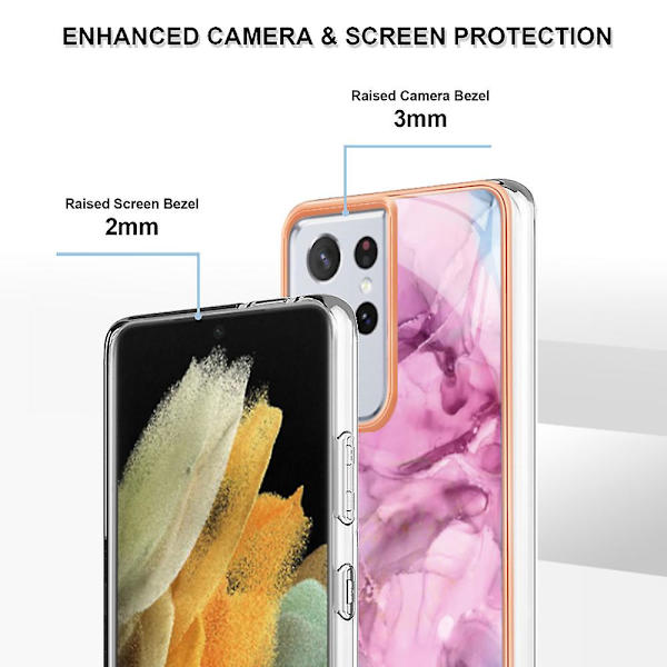 Skyddande phone case för Samsung Galaxy S21 Ultra 5g Yb Imd Series-16 Style E 2.0mm Imd Marmormönster Galvaniseringsram Tpu cover Rose