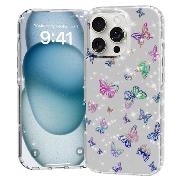 För iPhone 16 Pro Max Mobilskal IMD Mönstertryck PC TPU Mobilskal - Lila Blomma Multicolor Laser Butterfly