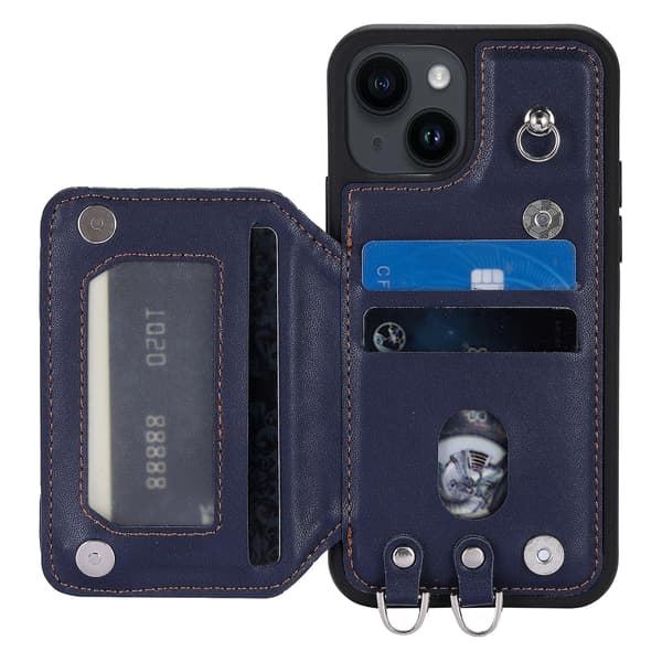 For iPhone 15 Plus RFID-blokkerende støtsikkert deksel Anti-fall PU+TPU telefondeksel med stropper Blue