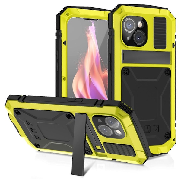 R-JUST Til iPhone 15 Plus PC+Silikone+Metal Telefon Cover Stativ med Hærdet Glas Film Multicolor Style C