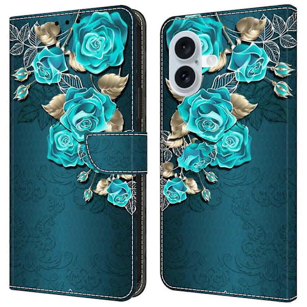 iPhone 16 Plus -lompakkokotelo magneettilukolla ja 3D-kuviollisella nahkapuhelinkuoressa Multicolor Style O