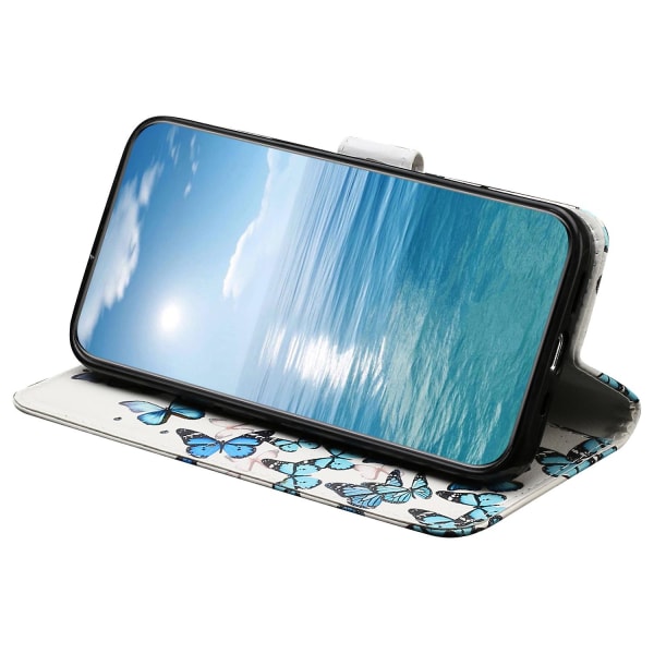 iPhone 15 Pro Lompakkokotelo PU-nahkaa, kuvioitu, jalustalla, pudotussuoja Blue Butterflies