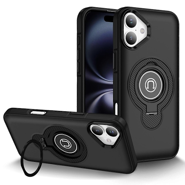 For iPhone 16 Plus Deksel TPU+PC Magnetisk Bilholder Telefondeksel med Ringstøtte Multicolor Black