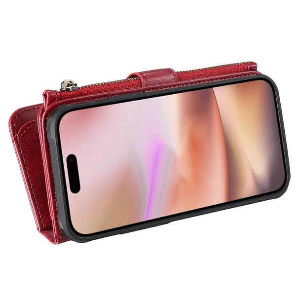 KT Multi-Functional Series-3 Deksel til iPhone 16 Plus PU-Lær Glidelås Lommebok Avtakbart Deksel Multicolor Red