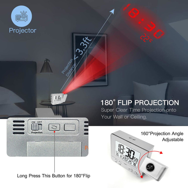 Projektionsväckarklocka för sovrum med termometer Hygrometer Digital projekt takklocka Dimbar LED-skärm med USB laddare 180vridbar med Dua Silver