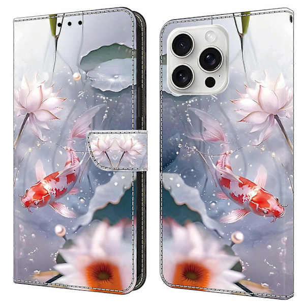 För iPhone 16 Pro Skal Mönstertryckt Skyddande Läder Flip Fodral - Panda Multicolor Koi Carp