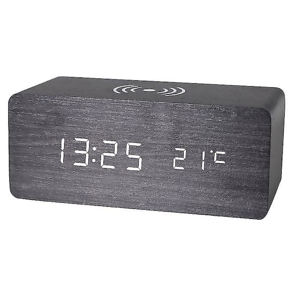 Trä Digital Väckarklocka Fm Radio,10w Snabb Trådlös Laddningsstation För Iphone/Samsung Galaxy,5 Level Dimmer, USB Laddningsport,2 Wake Up Sounds,bedr White Gray