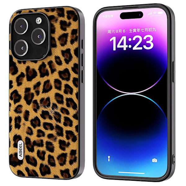 För Iphone 15 Pro Max Leopard Mönster Phone case Pu Läder + PC + Tpu Slim Cover Gold