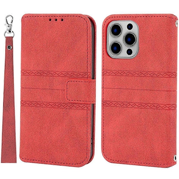 För iPhone 15 Pro Max Skal Präglat Läder Ställ Stöttåligt Telefonskal med Rem Multicolor Style E