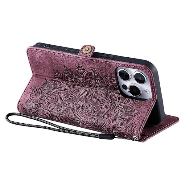 Tyyli 016 iPhone 16 Pro -kotelolle, ihon tuntuinen toteemikuvioitu lompakko nahkainen puhelinkotelo - Musta Multicolor Wine Red