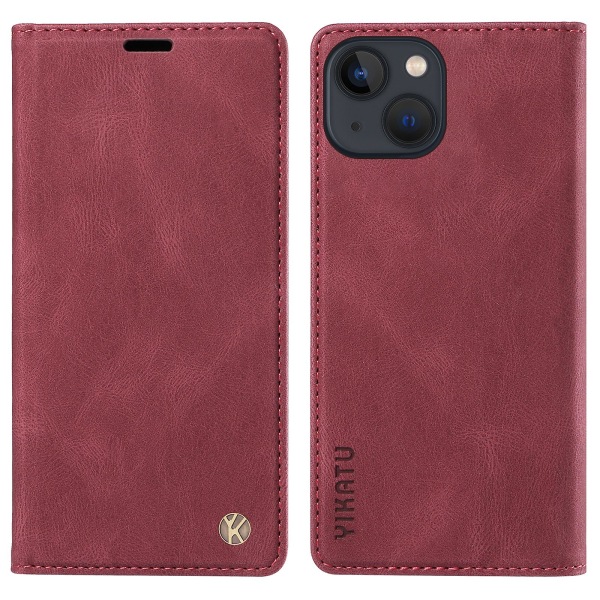 För Iphone 15 Magnetisk Autoabsorberad Pu Leather Shell Telefon Plånboksställ Cover Wine Red