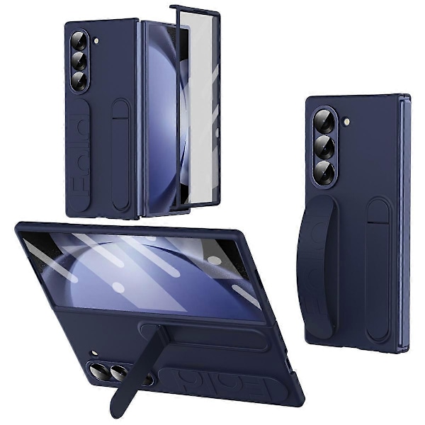 For Samsung Galaxy Z Fold5 5G Deksel Stativ Armbånd PC Telefondeksel med Herdet Glass Film - Grå Multicolor Blue