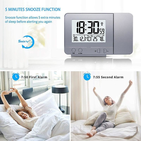 Digital projektionsväckarklocka för sovrum, stor takprojektionsväckarklocka med USB -port, batteribackup, 180° projektor, LED-skärm, silver