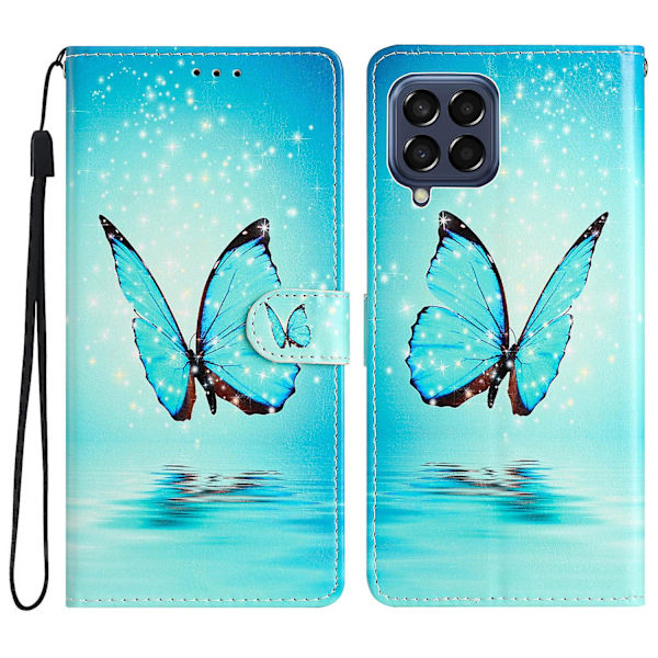 Stötsäkert cover för Samsung Galaxy M53 5g, mönsterutskrift Pu läder phone case Stativ plånbok med rem Blue Butterfly