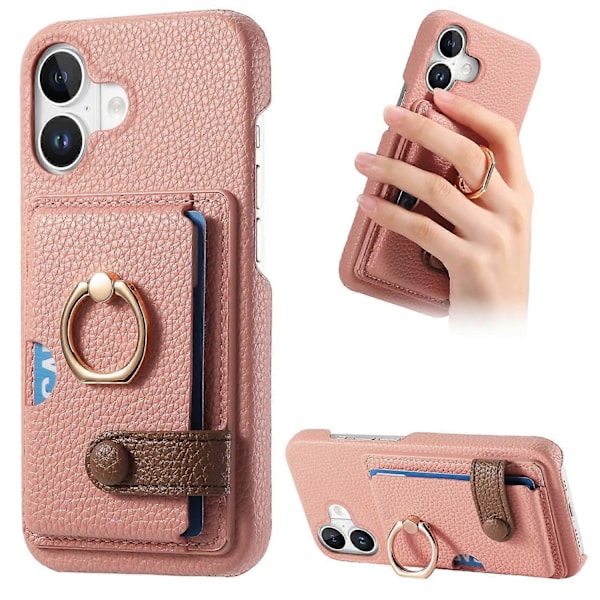 Y2 Fodral till iPhone 16 med Ringhållare, Ställ, Kortfack, Läder Skal - Date Apricot Multicolor Pink