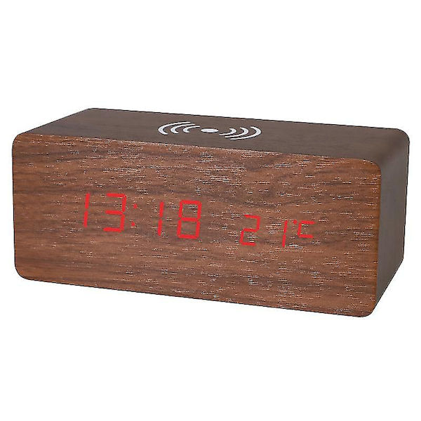Trä Digital Väckarklocka Fm Radio,10w Snabb Trådlös Laddningsstation För Iphone/Samsung Galaxy,5 Level Dimmer, USB Laddningsport,2 Wake Up Sounds,bedr Red Brown