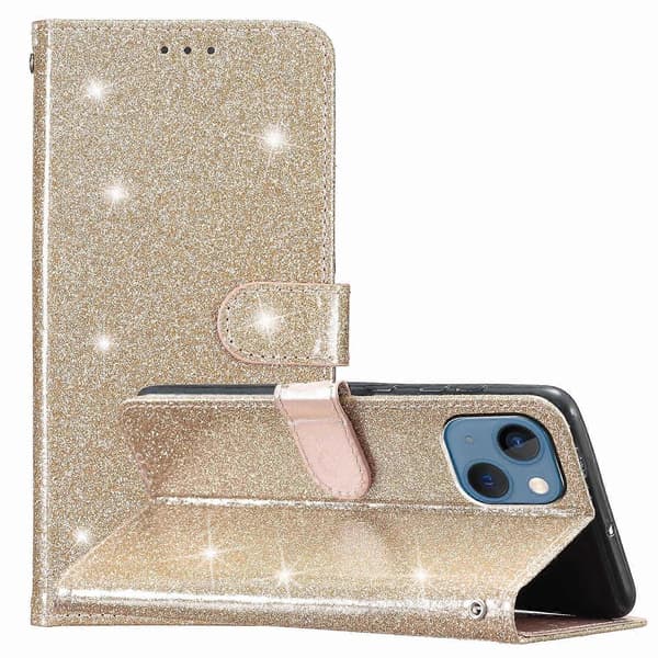 Glittrigt PU-läderfodral med folio flip plånboksstativ för iPhone 14 Plus Multicolor Style C