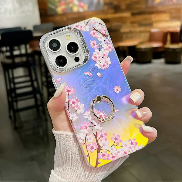 Blommig Lasertextur Skal för iPhone 15 Pro Max med Ringstativ Multicolor Style D