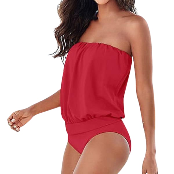 Kvinnors retro one piece baddräkt, off shoulder baddräkt red XL