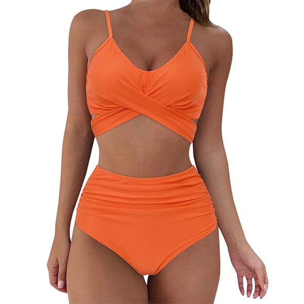 Tvådelad baddräkt för kvinnor Retro Halter Ruched Bikini med botten orange L