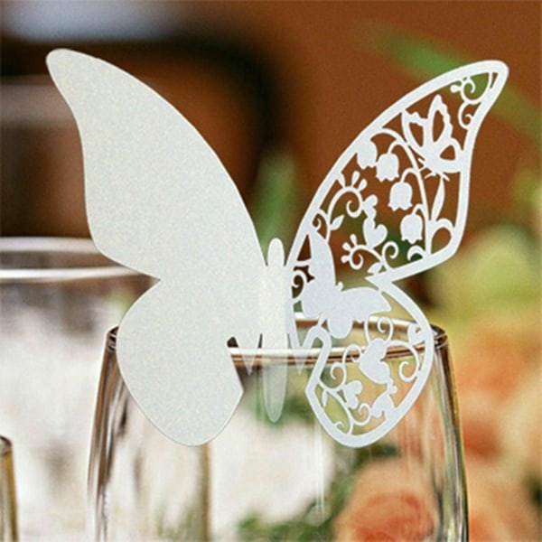 100 st Butterfly vinglas kort för bröllop vinglas dekor White 100PCS