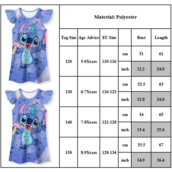 Lilo & Stitch Barn Flick Nattlinne Flying Sleeve Sleepwear Sommar T-Shirt Klänning 140cn