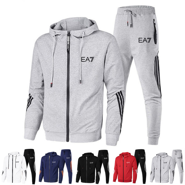 EA7 Herr Hoodie Byxor 2pcs Träningsoverall Set Full Zip Huvtröja Sportkläder Light Grey M