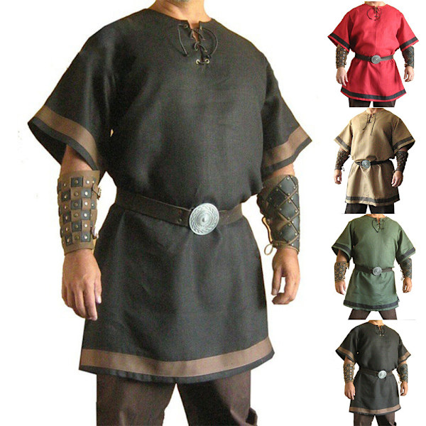 Mäns Medeltida Renässans Tunika Toppar Viking Riddare Pirat Juldräkt Black 3XL