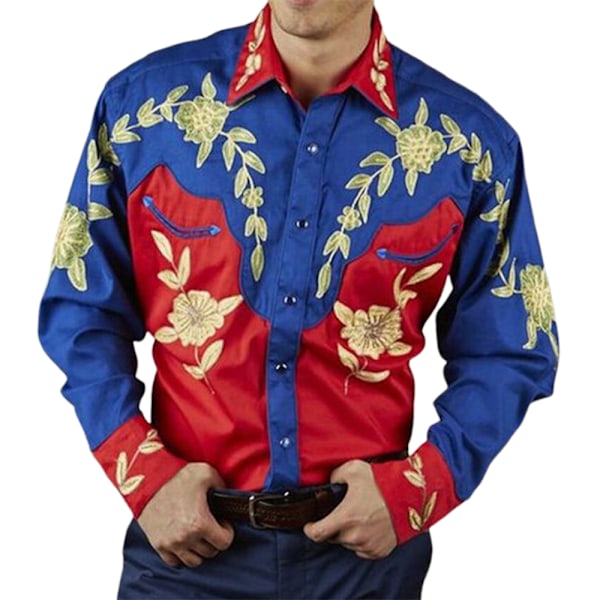 Herr Casual Knappar Ner Western Cowboy Skjorta Långärmad Retro Tryck Skjortor Slim E M