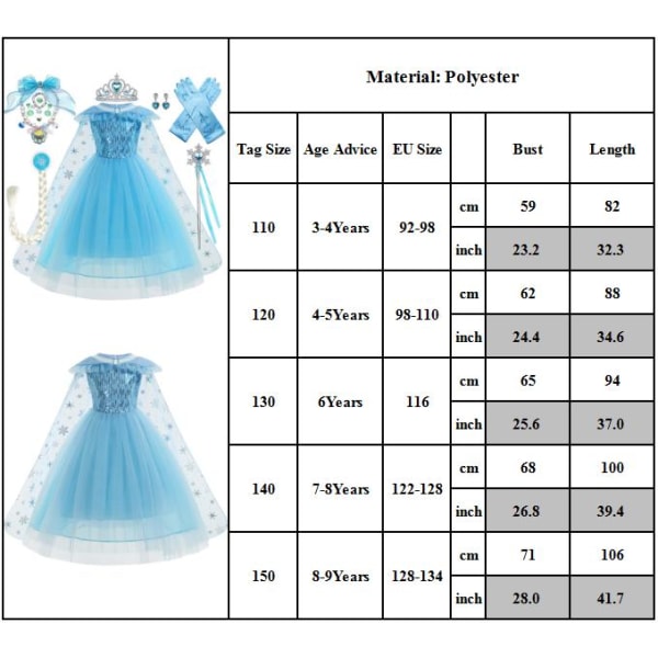 Barn Tjej Elsa Princess Cosplay Kostym Fancy Dress Cape Outfit Halloween Party' 140cm