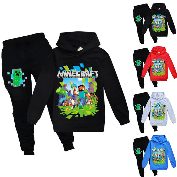 Barn Minecraft Casual Träningsoverall Set Hoodie + Byxor Outfit black 160cm