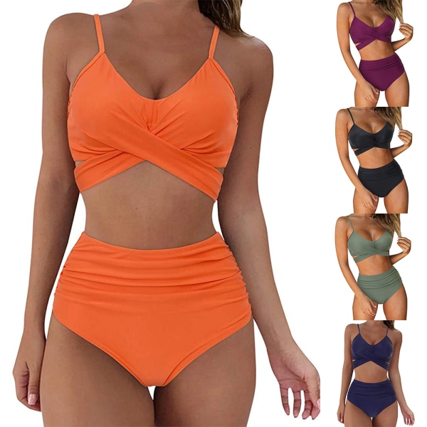 Tvådelad baddräkt för kvinnor Retro Halter Ruched Bikini med botten orange L