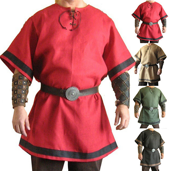 Mäns Medeltida Renässans Tunika Toppar Viking Riddare Pirat Juldräkt Black 3XL