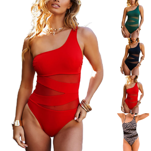 Kvinnor Sexig Vadderad Mesh Badkläder One Piece Bikini Baddräkt Strandbaddräkt Red M