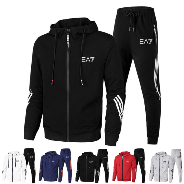 EA7 Herr Hoodie Byxor 2 st Set Träningsoverall Full Zip Huvtröja Sportkläder Light Grey L