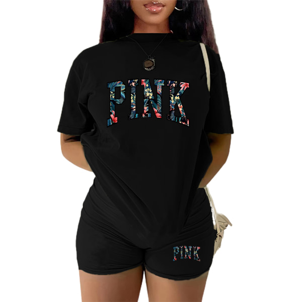 Rosa damshorts och cykelbyxor träningsset sommar kortärmad t-shirt Black 2XL